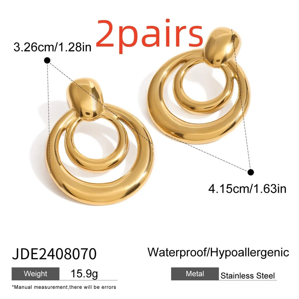 Gold-plated double layer hollow stud earrings with round geometric design