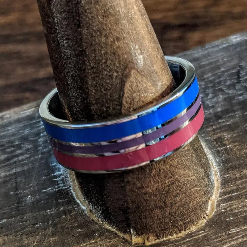 Bisexual pride stainless steel geometric ring in style 1, silver finish, size 10, unisex alternative design
