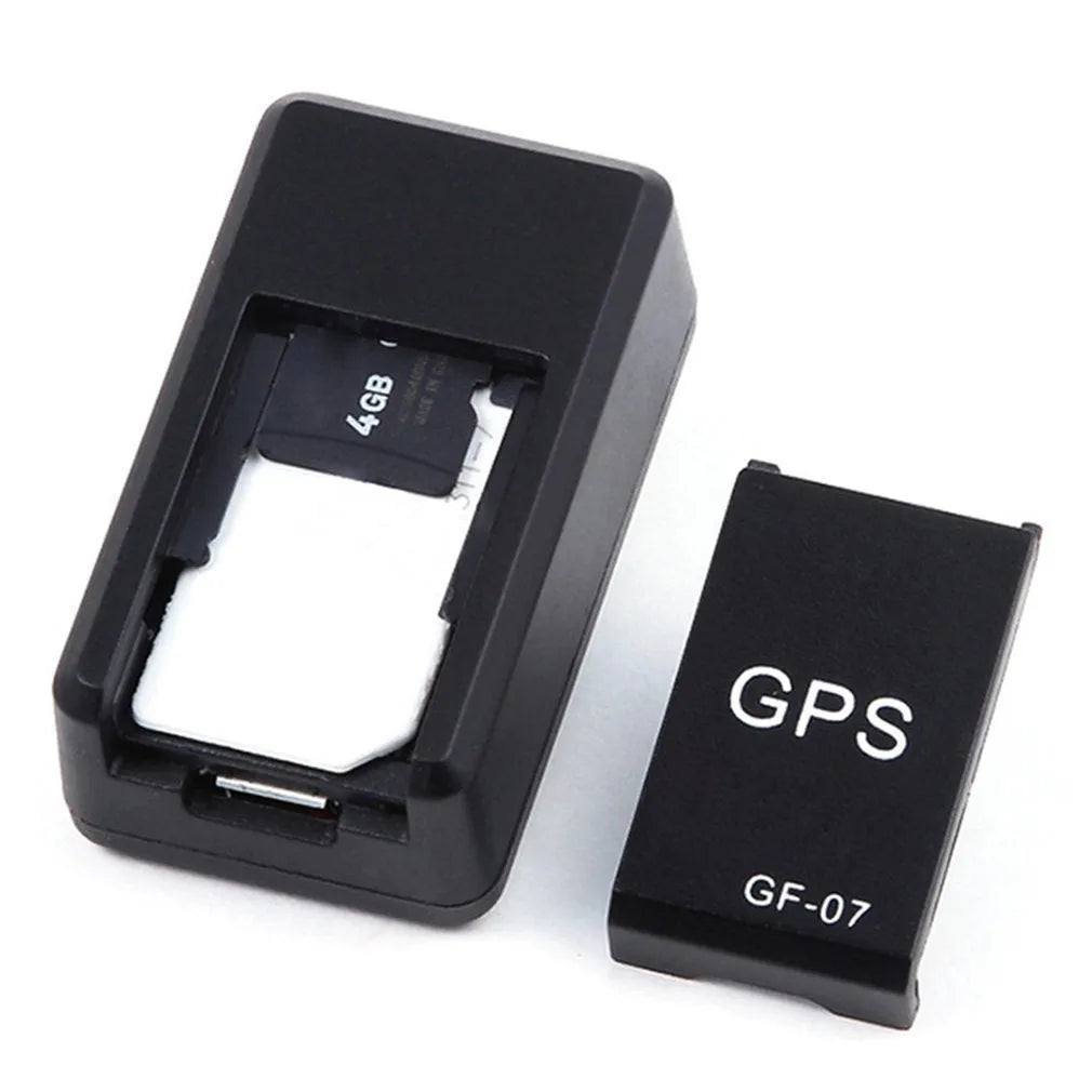 Black mini magnetic GPS tracker device showing dimensions and USB charging port