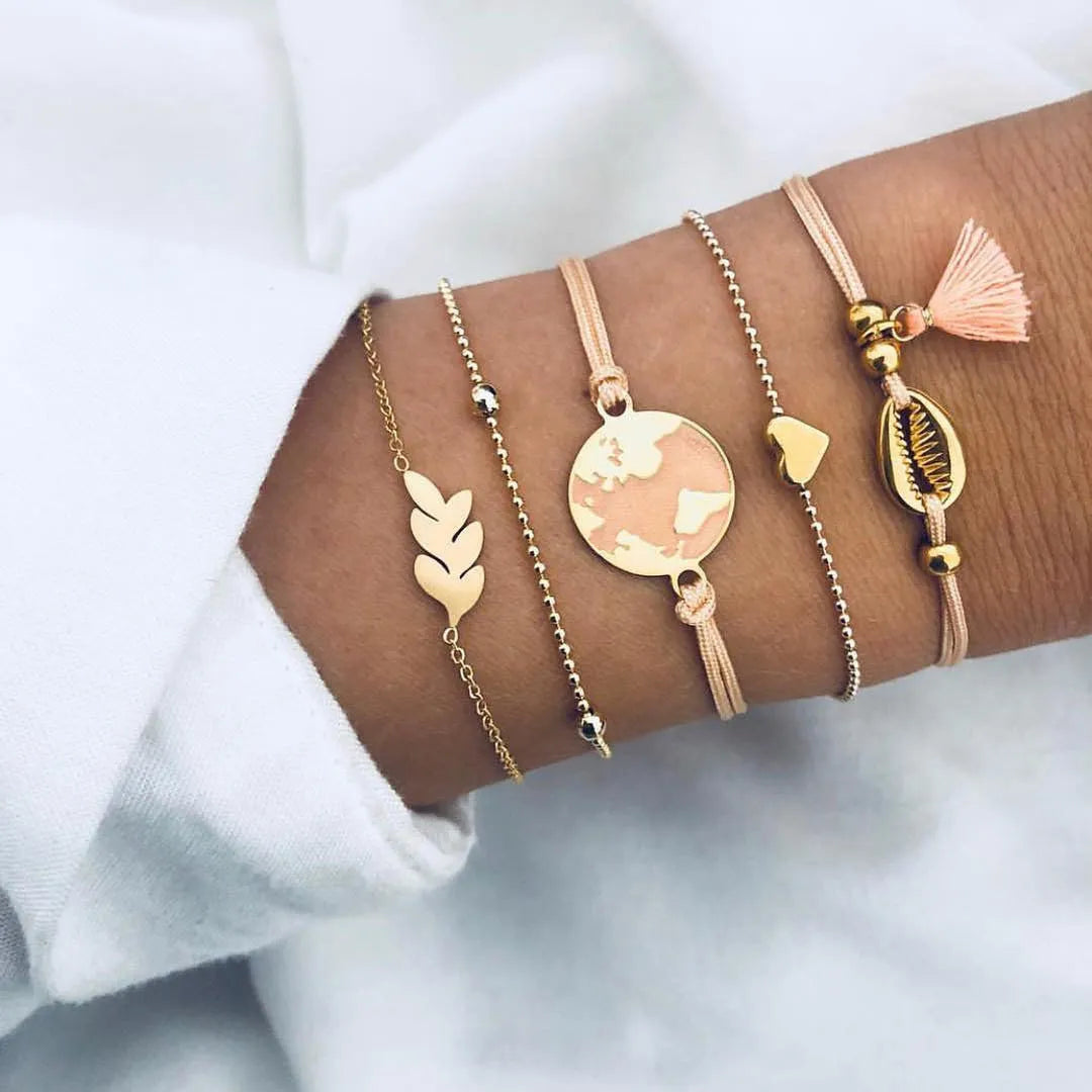 Bohemian bracelet set with alloy vintage bead and boho charm design in bow love style for women