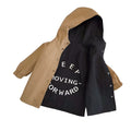 Boys cotton blend reversible spring coat with hood, stand collar, and long sleeves in Photo Color