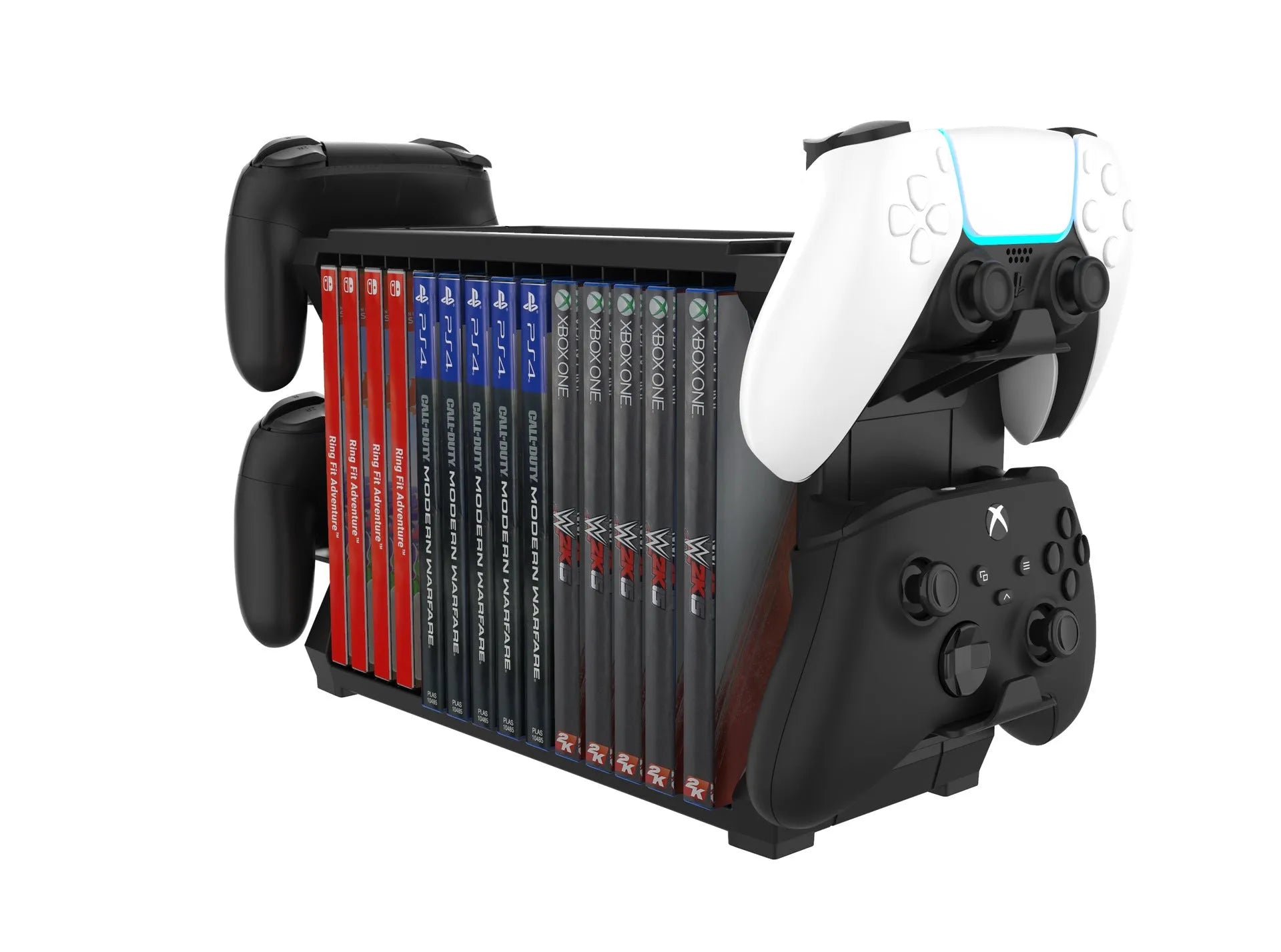 Black PS5 and Xbox Series X disc holder and controller stand made of ABS plastic.