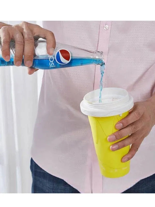 Blue double-layer silicone pinch cup for fast drink cooling, shown next to a smoothie.