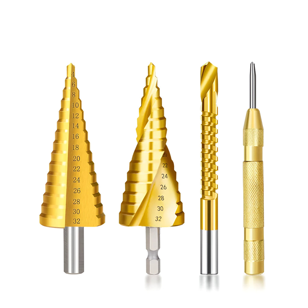 High speed steel step drill bit set with centre punch showing multiple hole sizes from 3mm to 32mm