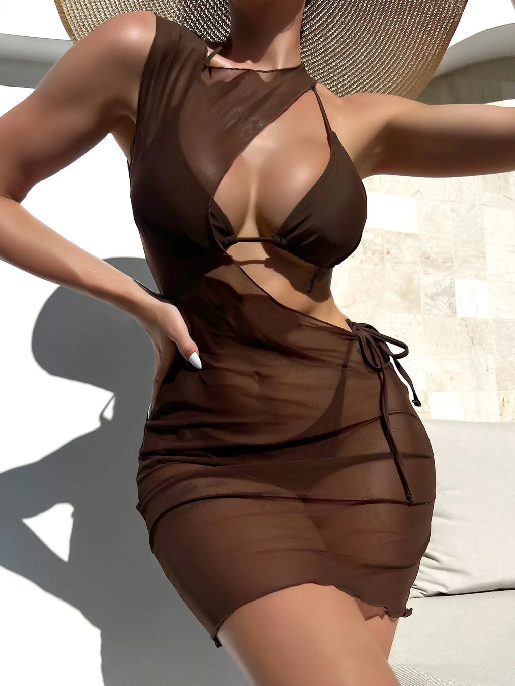 Women's brown three-piece split swimsuit set with bra, shorts, and blouse on a model.