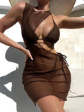 Women's brown three-piece split swimsuit set with bra, shorts, and blouse on a model.