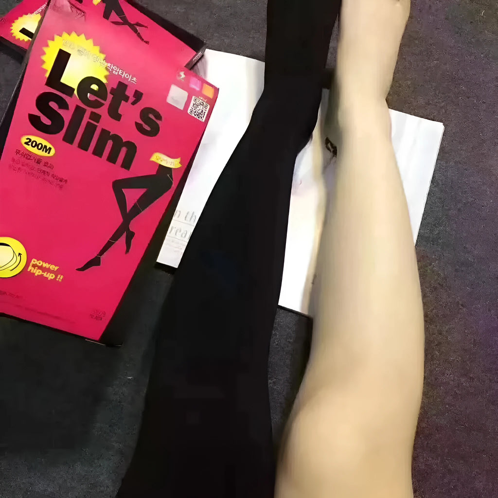 Beige and black stovepipe shapewear socks for lifting hips and abdomen on a plain background.