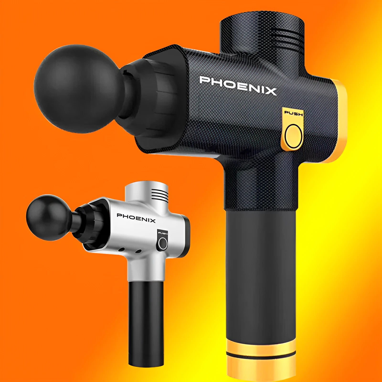 Silver and black fascia massage gun with four interchangeable heads on white background