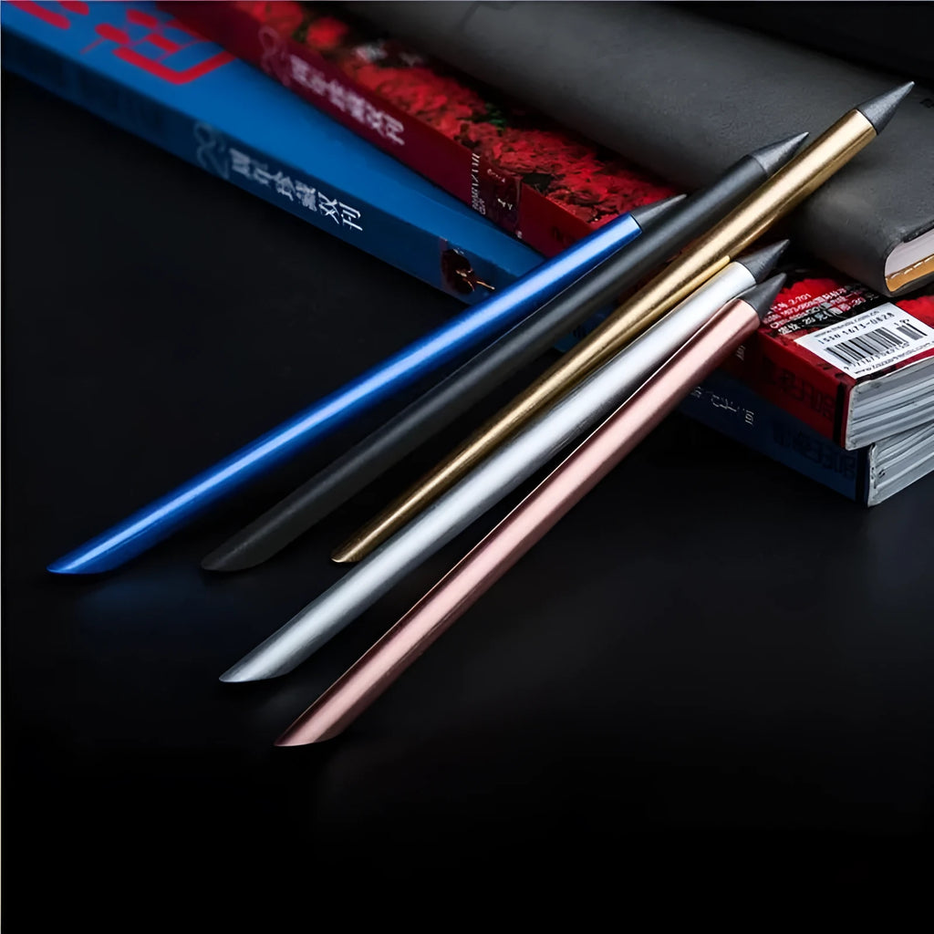 Inkless metal pen with special alloy steel nib in 0.5mm line width, shown in multiple colour options