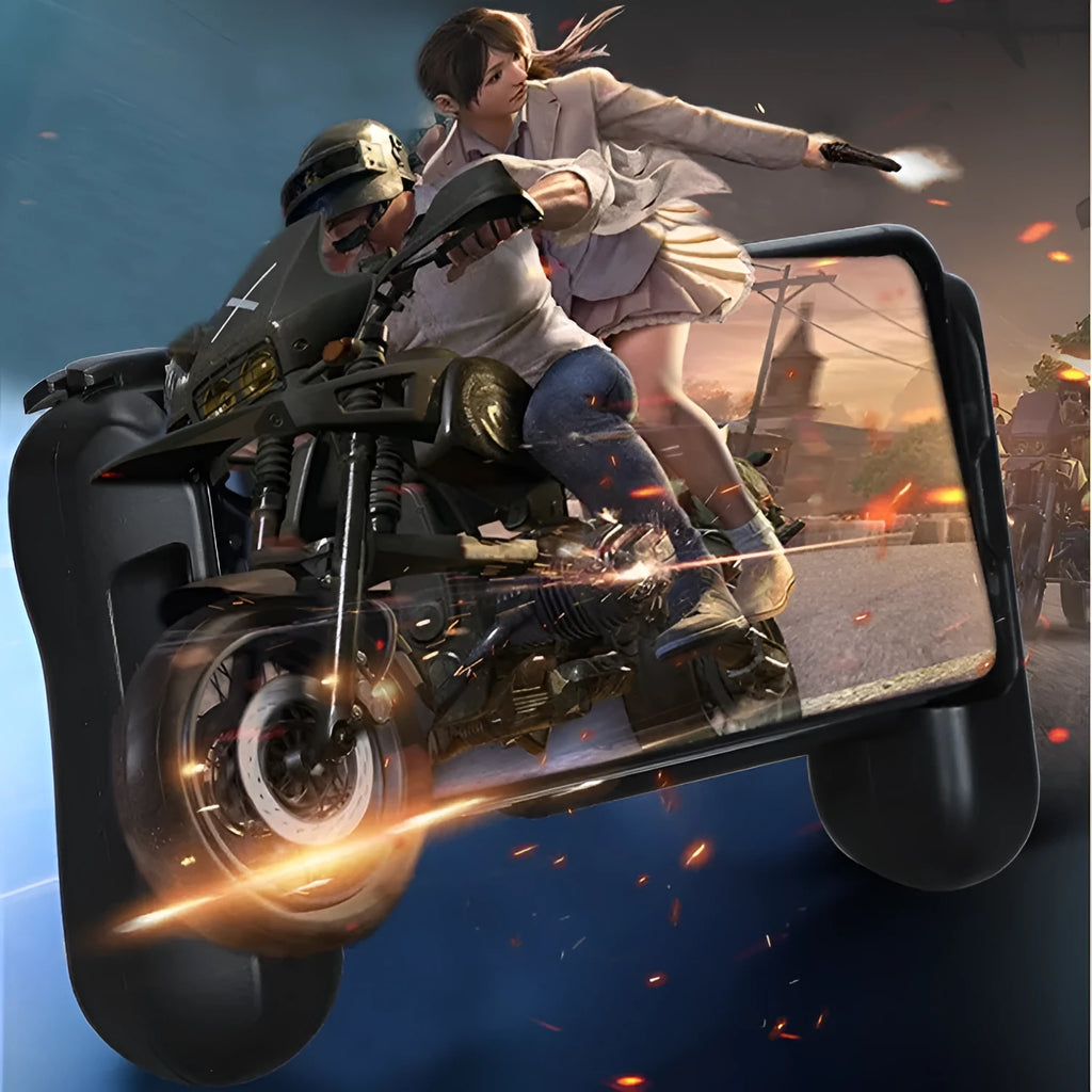 Black cooling Bluetooth game controller for iPhone, model P2, shown next to a mobile phone.