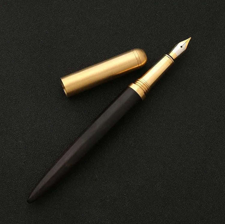 Business fountain pen with stainless steel nib and wooden body in rosewood finish on white background