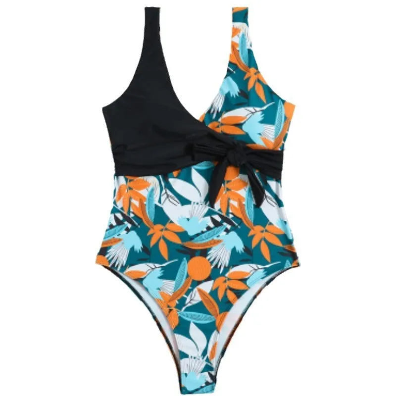 Women's high waist one-piece bikini swimsuit in printed black or white pattern
