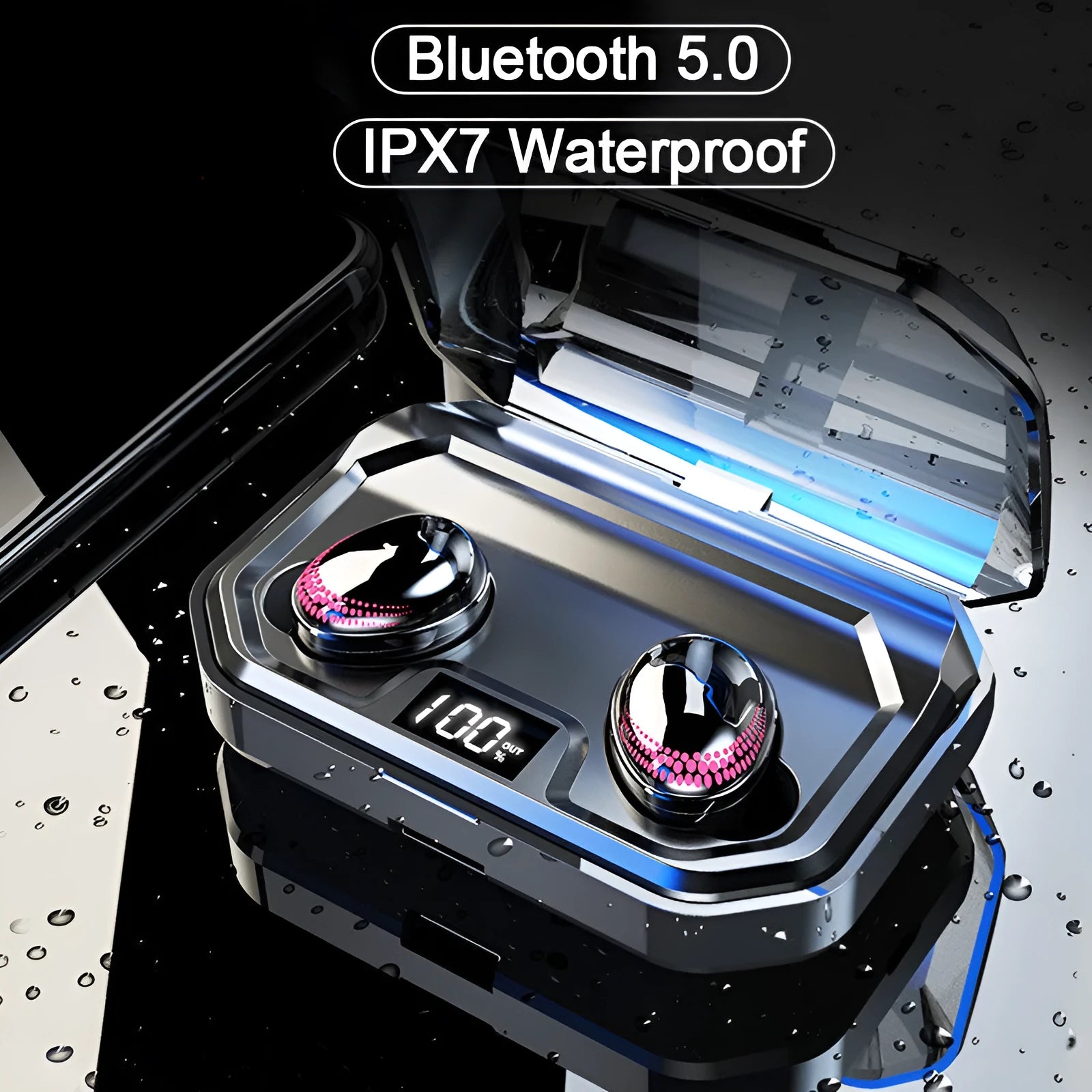 Black X10 wireless Bluetooth headset with a compact charging case on a white background.