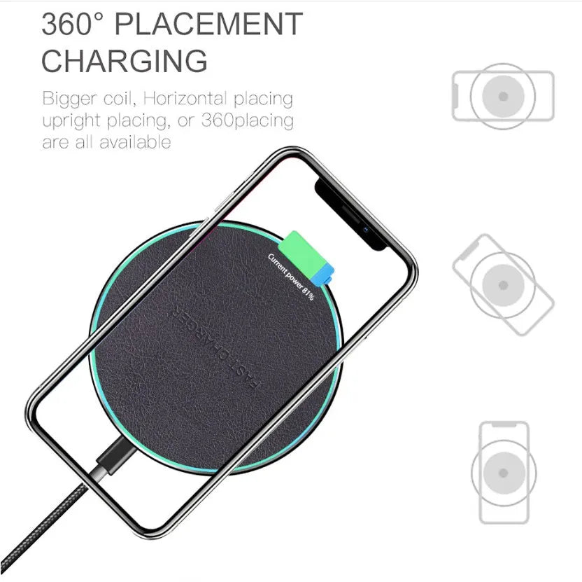 Black Qi wireless charging pad for iPhone 11 with USB cable