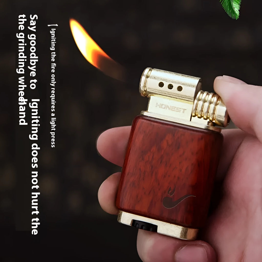 Ebony gas lighter with metal construction and decorative wood finish options
