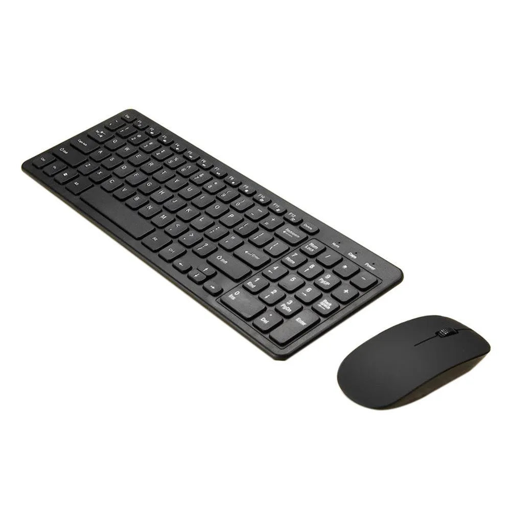 Wireless keyboard and mouse set in choice of colours on a desk, showing USB receiver.
