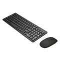 Wireless keyboard and mouse set in choice of colours on a desk, showing USB receiver.
