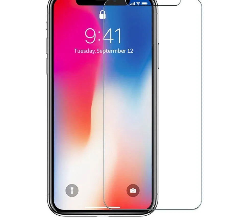 Tempered glass screen protector with 9H hardness and oleophobic coating for smartphones.