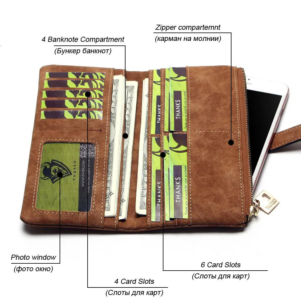 Korean retro matte leather women's long wallet showing two-fold draw closure and vertical orientation