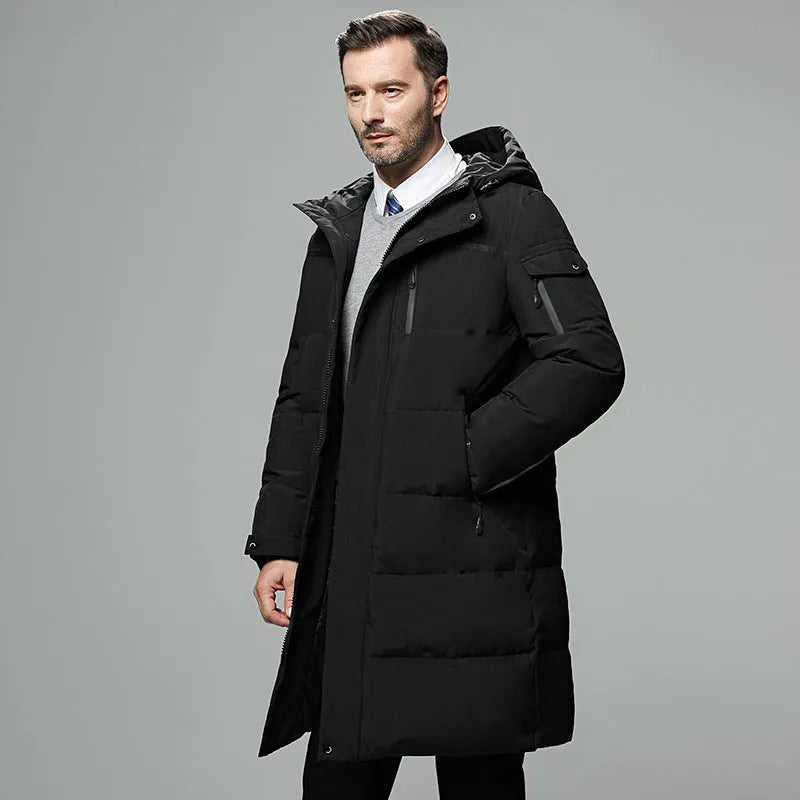 Long padded down jacket for men in black colour with white duck down filling polyester shell