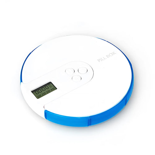 Seven-compartment electronic pill dispenser with alarm clock display, shown in blue.