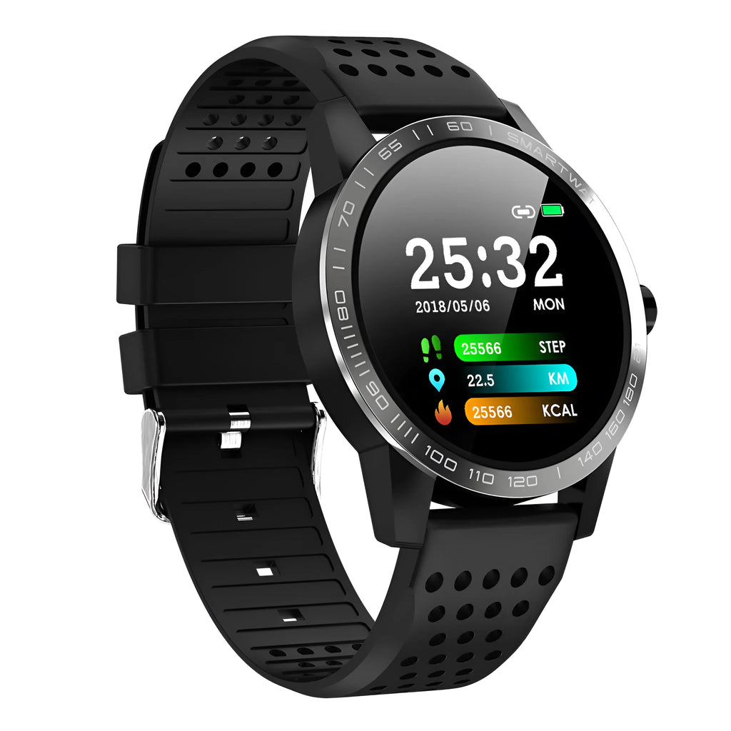 Black and blue smart bracelet with colour screen showing heart rate and fitness data