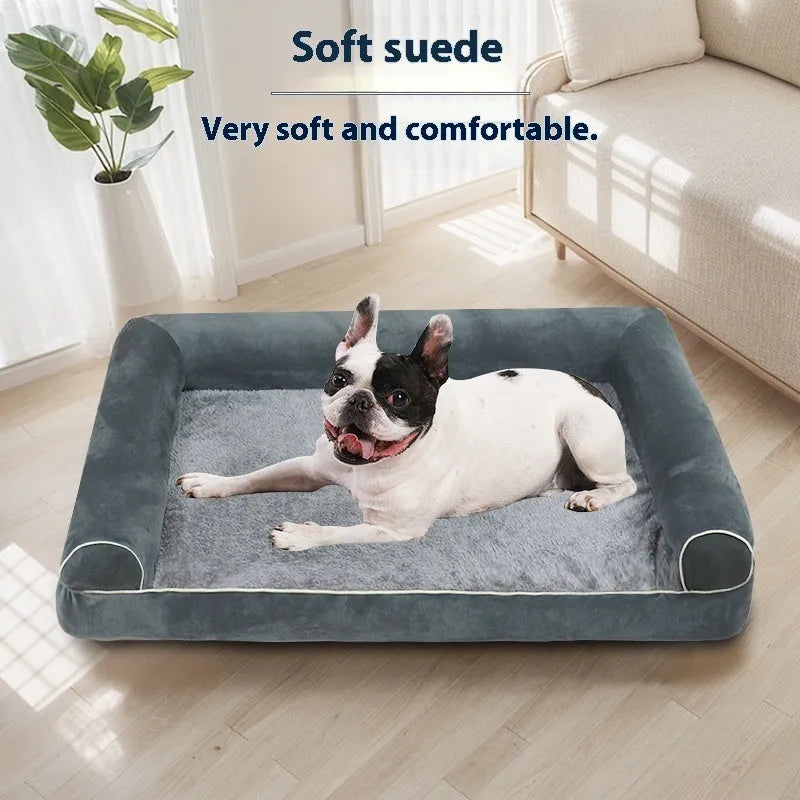 Square cloth dog bed with raised edges in blue colour showing sponge construction