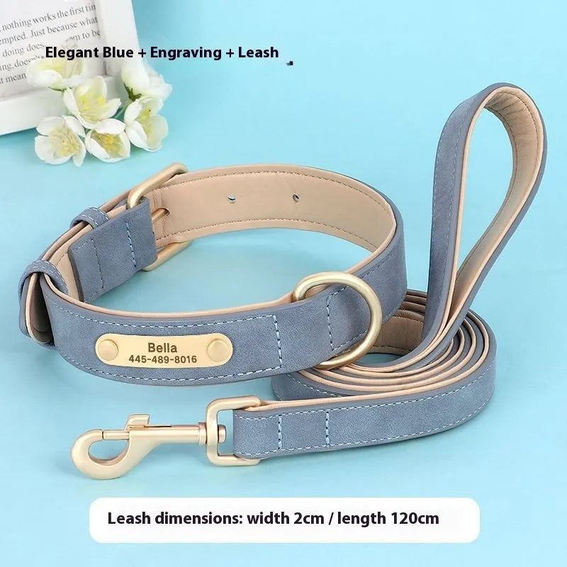 Double-layer mohair dog collar and matching lead set in rose red, shown with size options for small to extra-large dogs.