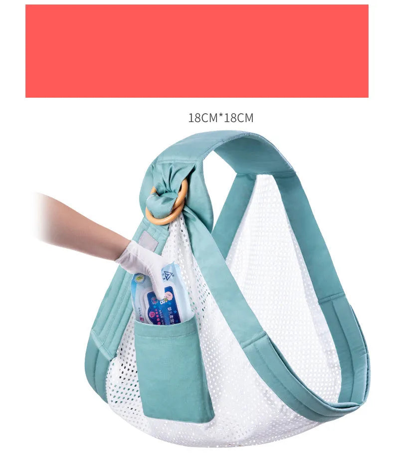 Adjustable baby wrap carrier sling in blue-green cotton and mesh with back support for 0-36 months up to 50kg