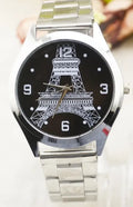 Eiffel Tower watch with black leather strap and stainless steel case showing detailed Paris skyline dial.