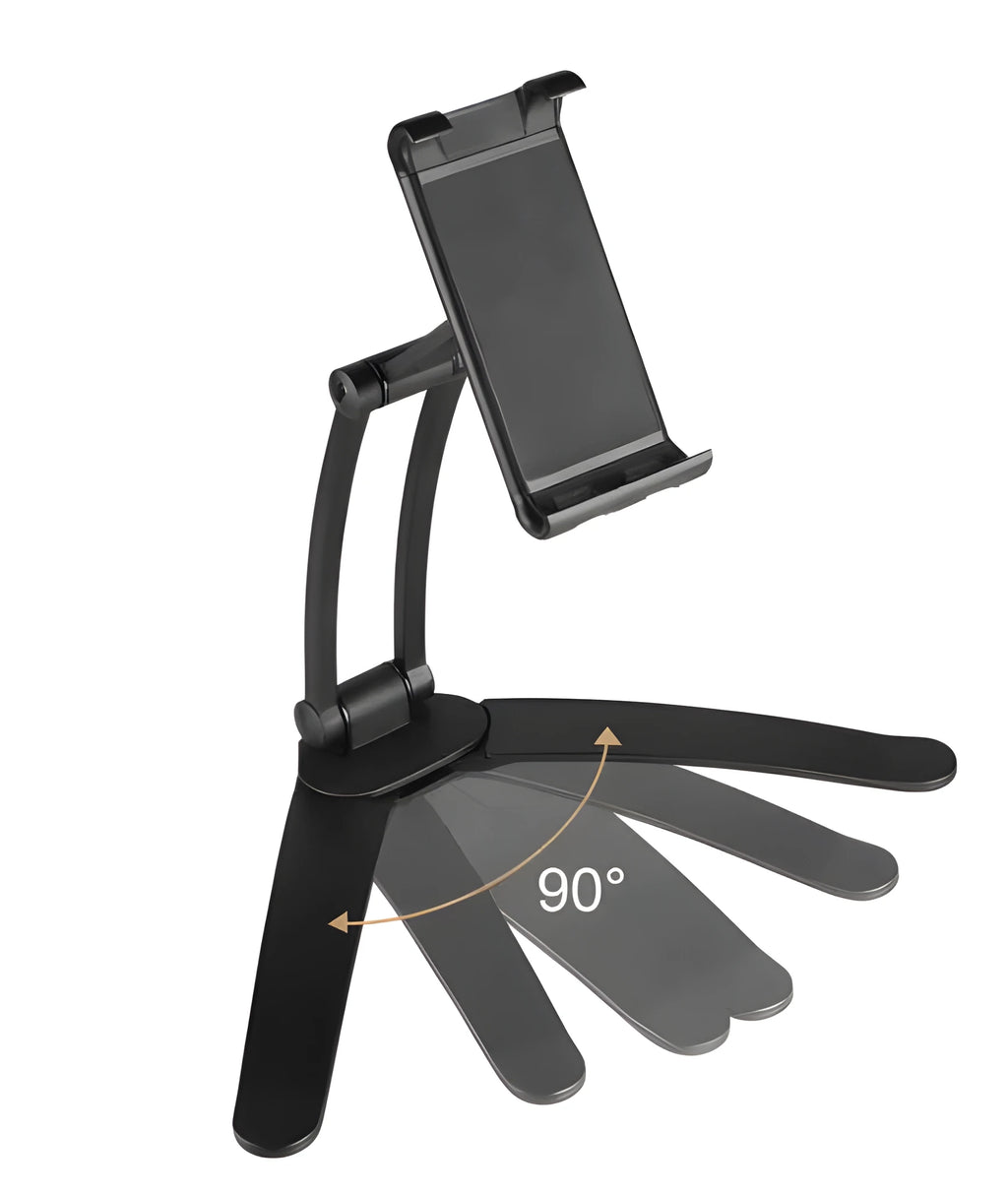 Silver aluminum alloy tablet stand with white mount holding tablet at adjustable angle