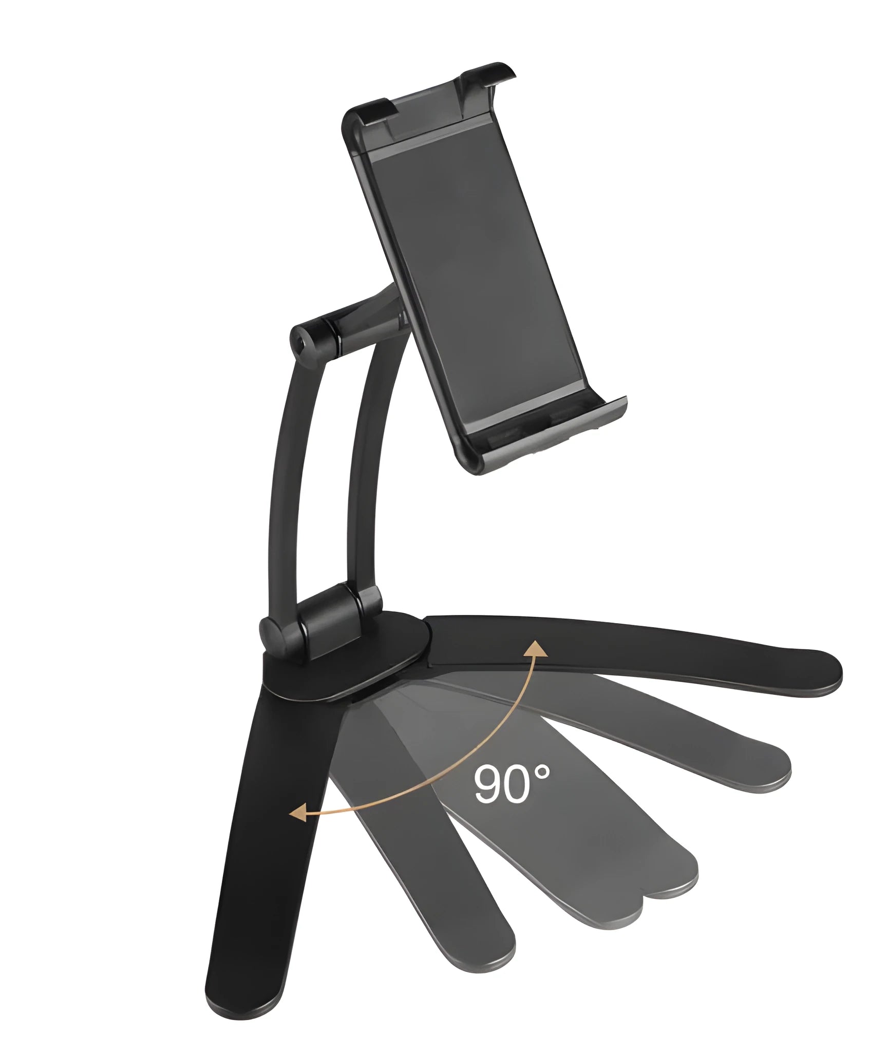 Silver aluminum alloy tablet stand with white mount holding tablet at adjustable angle