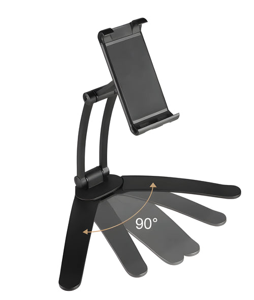 Silver aluminum alloy tablet stand with white mount holding tablet at adjustable angle