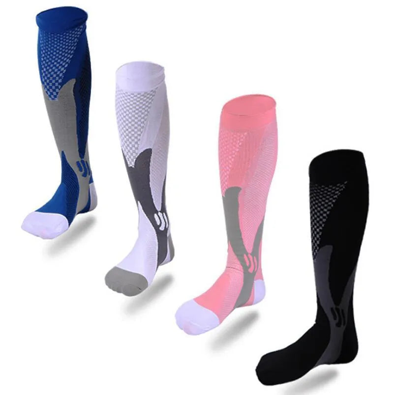 Graduated athletic compression socks for men and women in various colours and sizes.