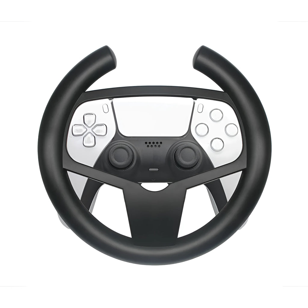 Black ABS plastic steering wheel attachment for a Sony PS5 controller