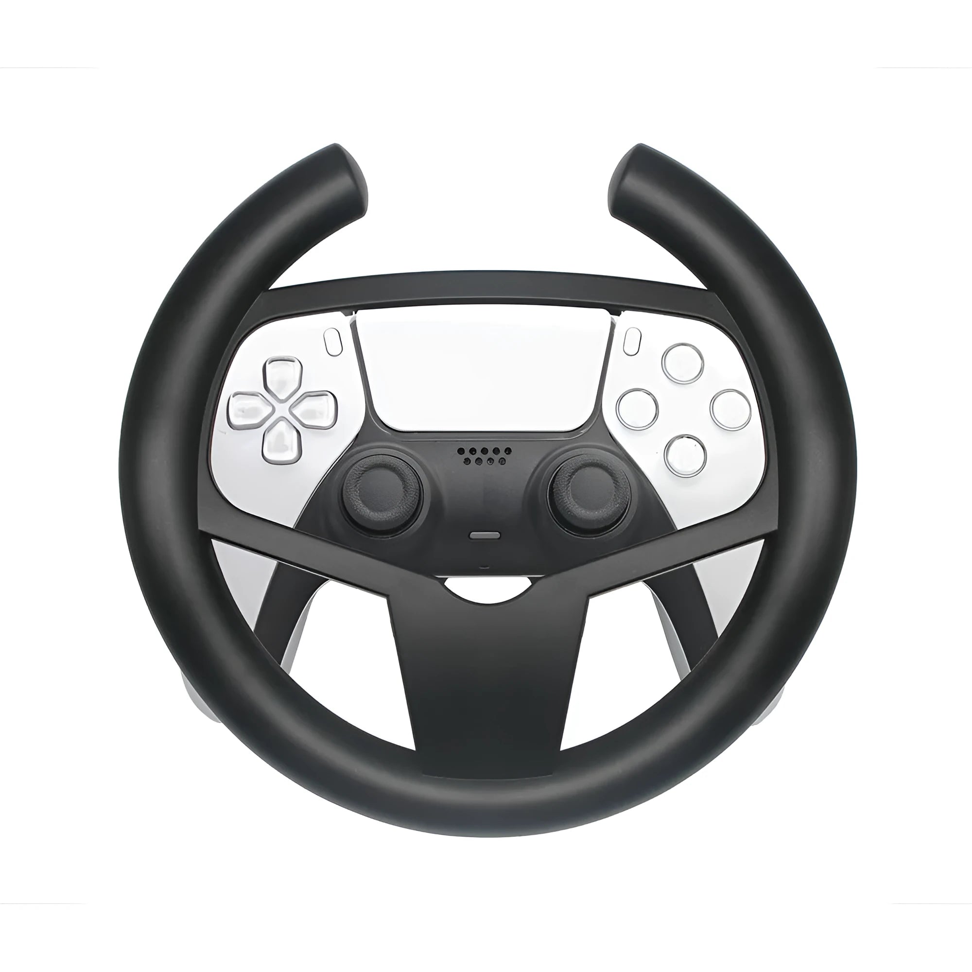 Black ABS plastic steering wheel attachment for a Sony PS5 controller