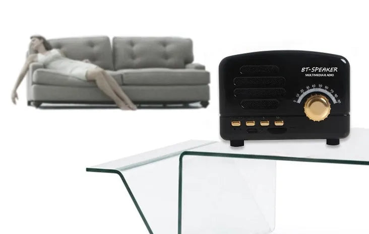 Vintage wood grain Bluetooth speaker in black, pink, and wood grain colours showing compact 93mm design