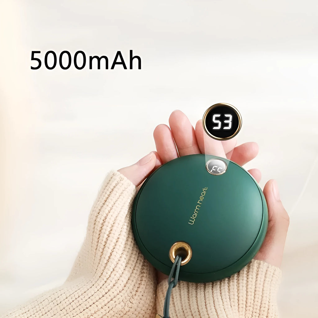 Green portable power bank with digital display and integrated hand warmer heater for phone charging