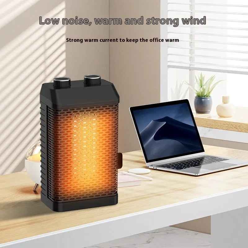 Black smart desktop heater with remote control on a wooden desk.