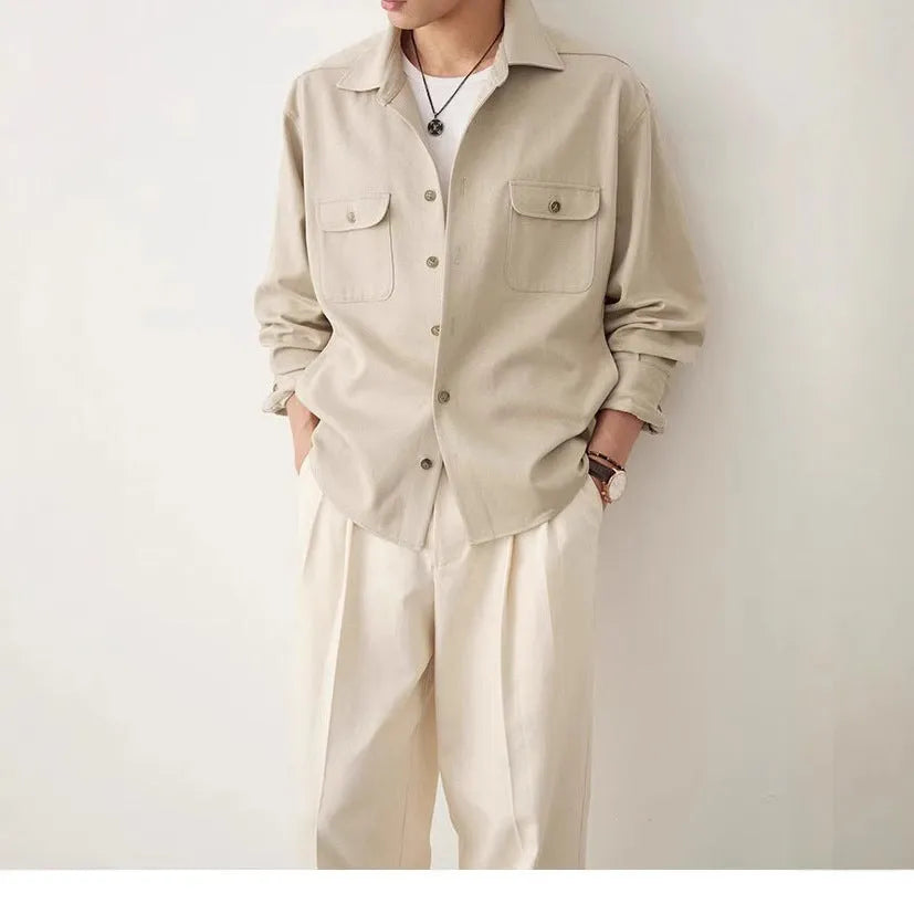Men's lapel collar casual shirt in cotton fabric available in light sand rice and nautilidae colours