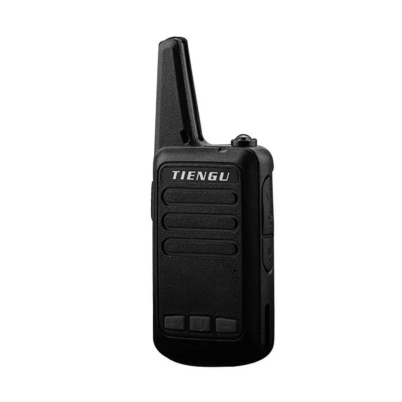 TIENGU Wireless Handheld Radio Intercom in black, showing LED flashlight and back clip on solid background