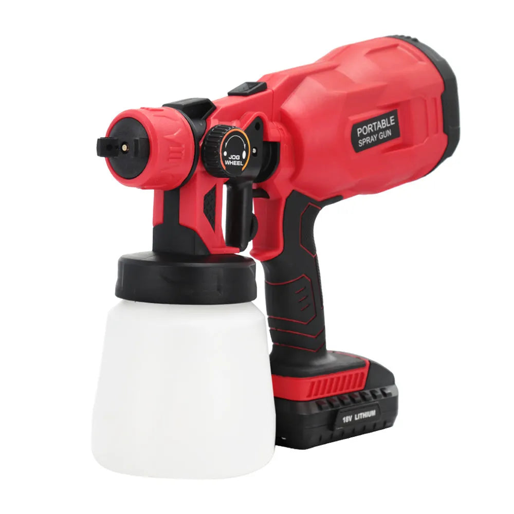 Blue cordless paint spray gun with 800ml cup and 1.8mm nozzle, showing trigger and battery compartment.