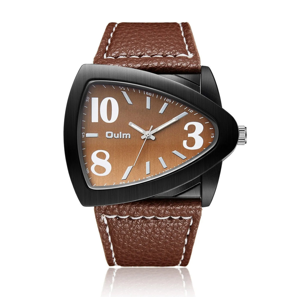 Men's casual wristwatch with a triangle belt strap in a choice of brown, black, or black and blue, showing a slim side profile.