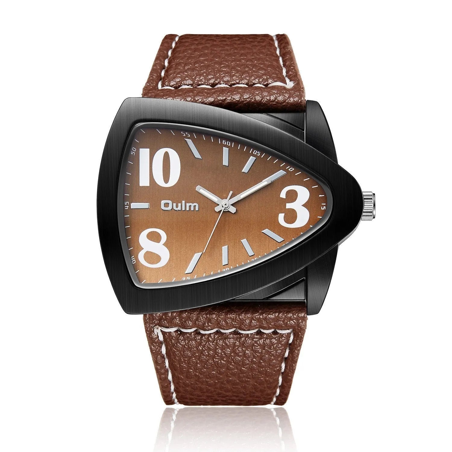 Men's casual wristwatch with a triangle belt strap in a choice of brown, black, or black and blue, showing a slim side profile.