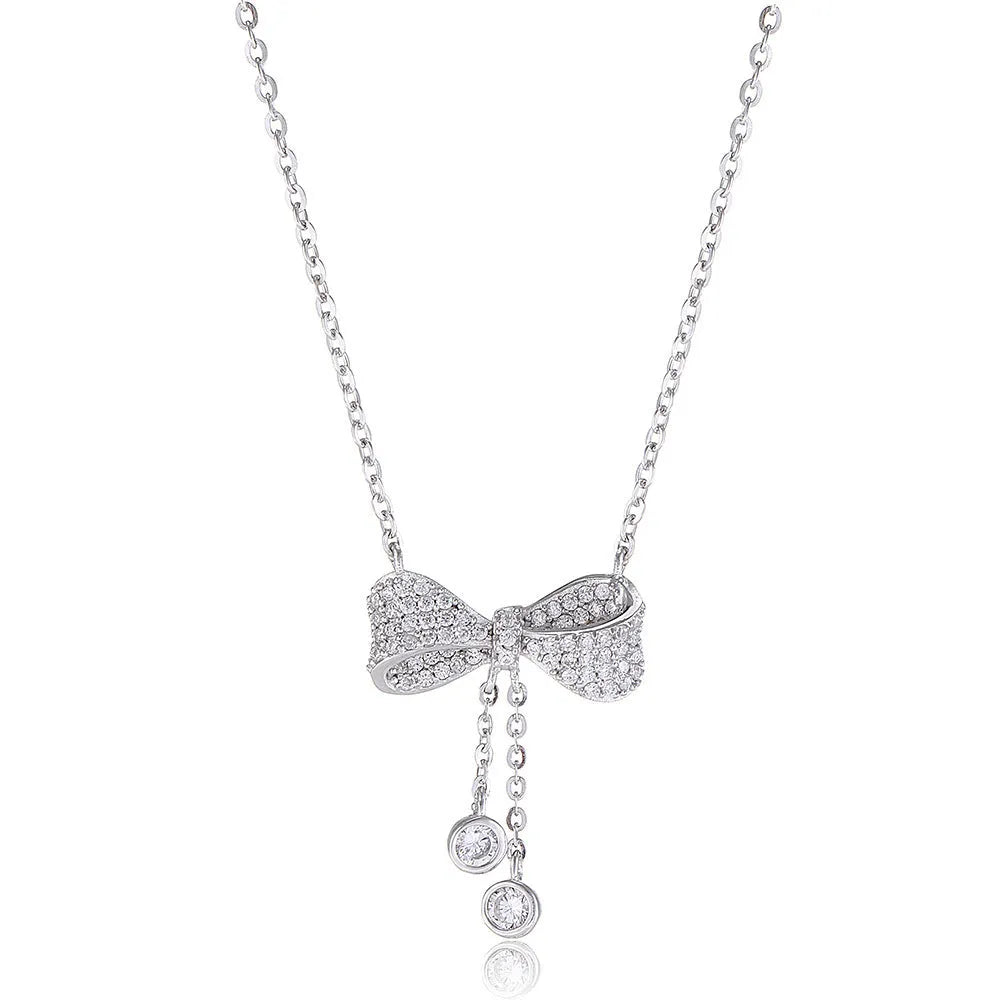 Silver bow pendant necklace on adjustable 40-45cm chain with O-ring closure