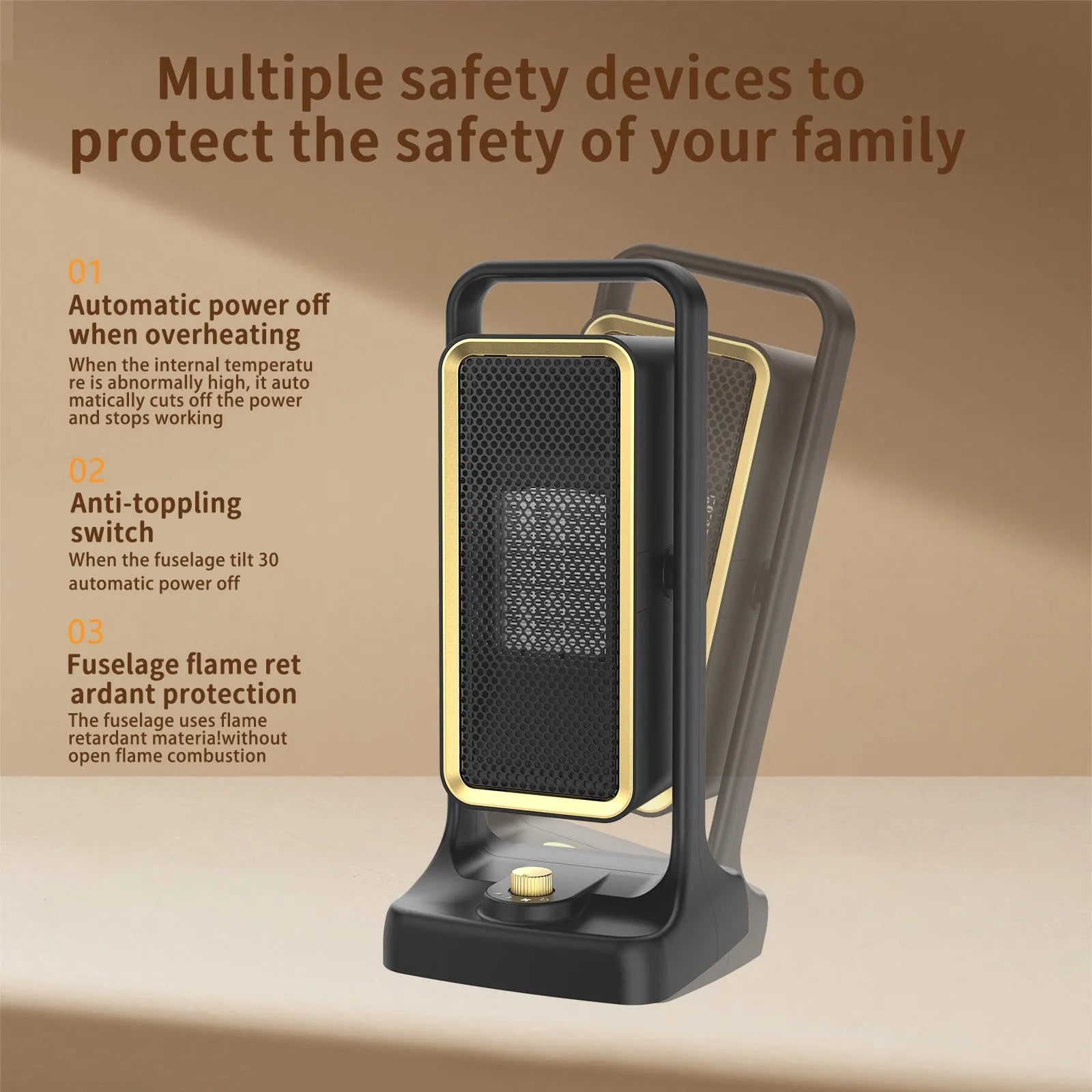 Black desktop PTC ceramic air heater with control knob, measuring 14.9cm wide by 33.5cm tall.