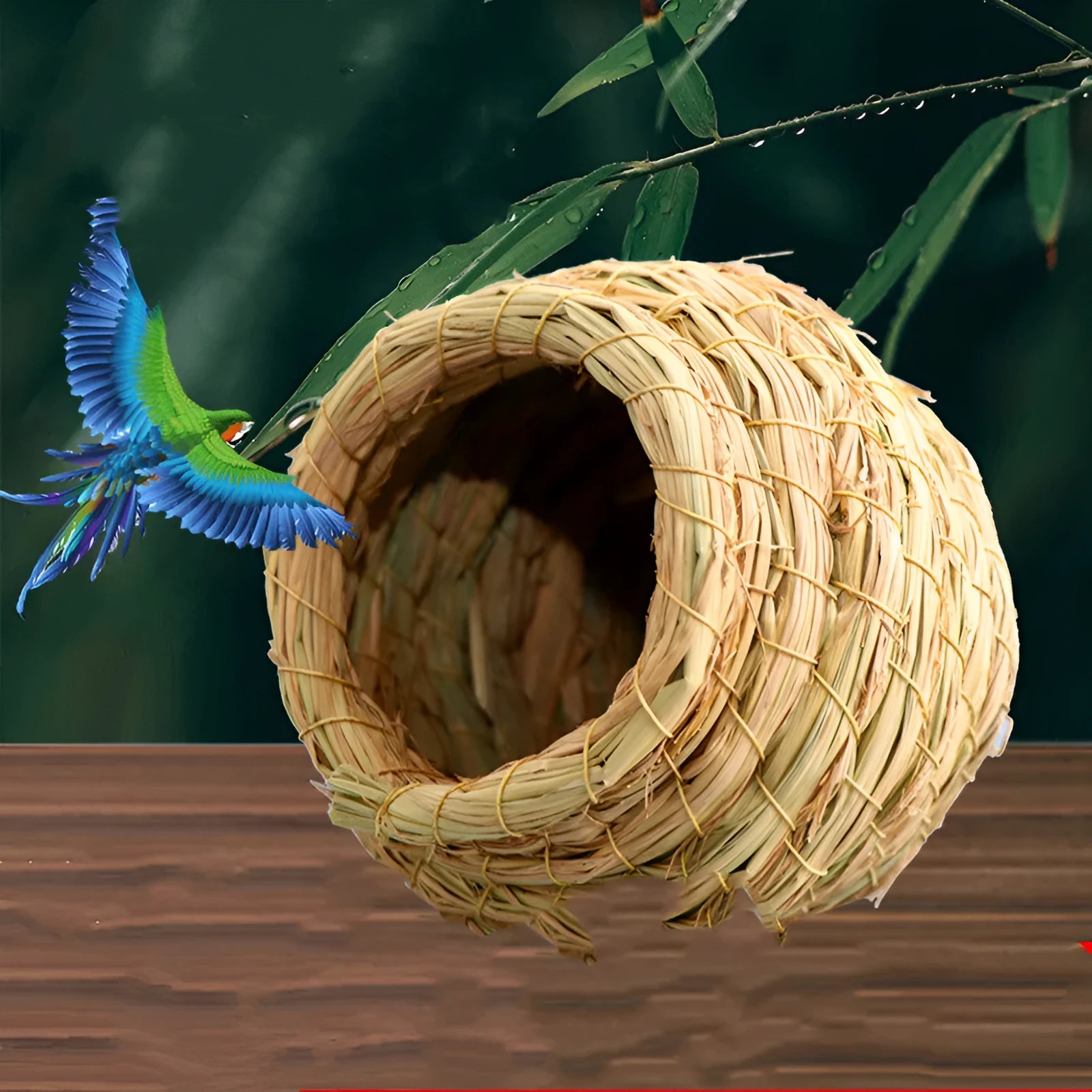 Hand-woven natural straw bird nest in khaki colour for small pets and birds