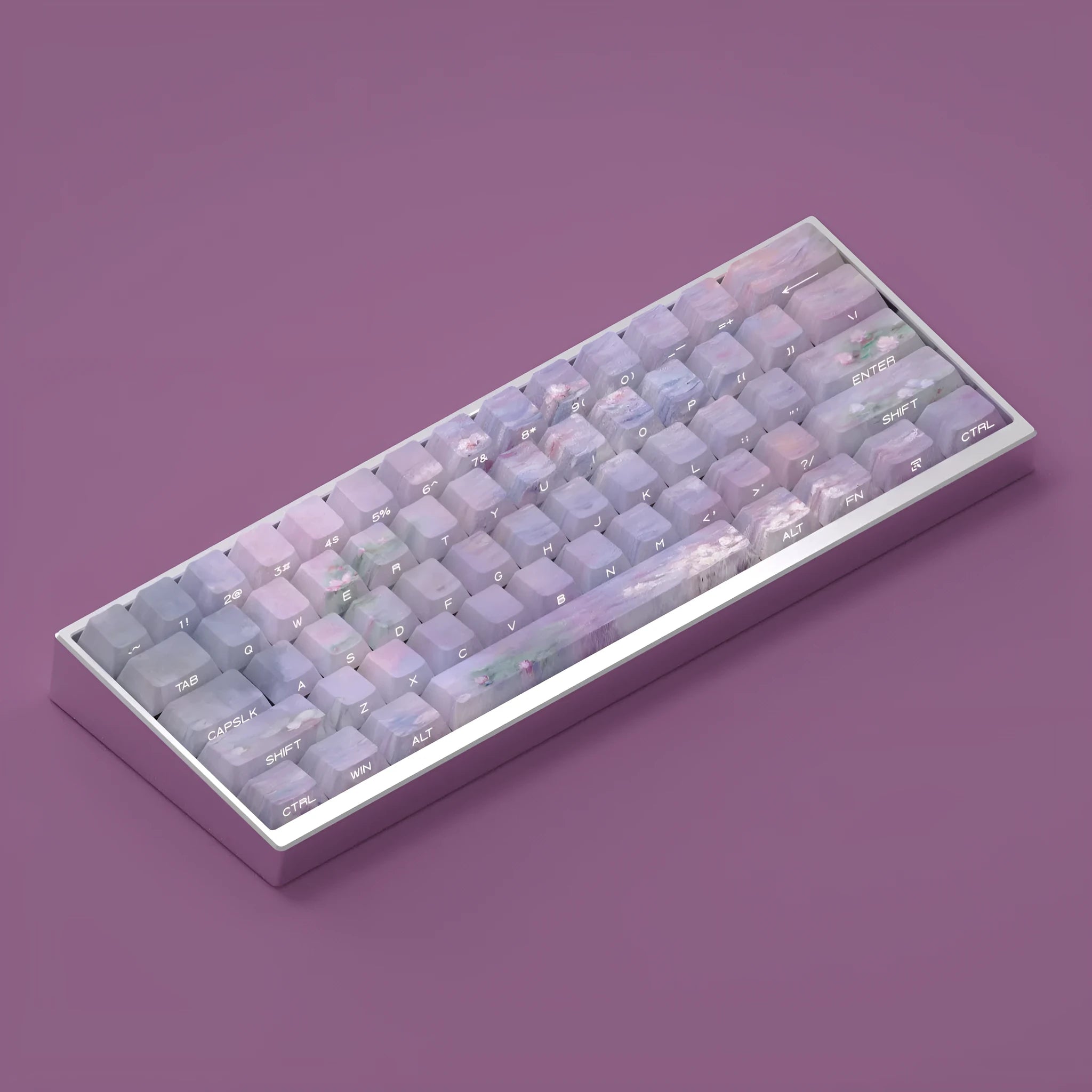 Wenshao Sleeping Lotus PBT key cap set showing side-carved light-transmission characters and five-sided sublimation artwork