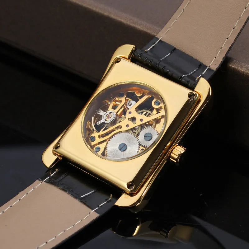 Winner men's fashion casual Swiss hollow manual mechanical watch with gold dial and black leather strap