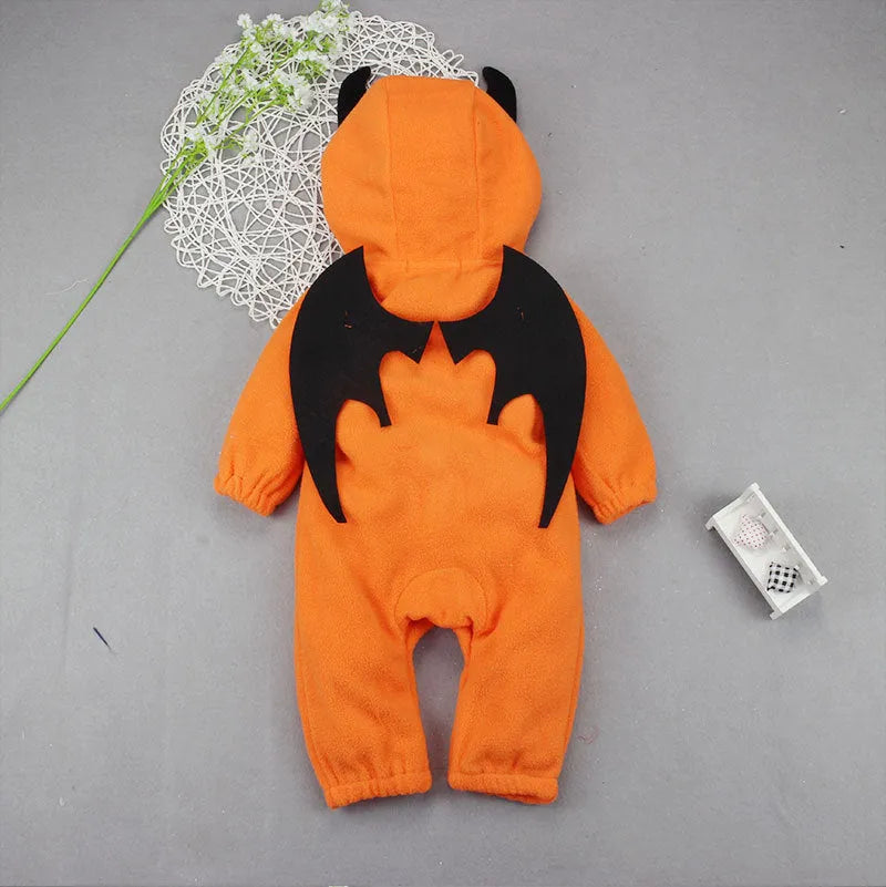 Orange Halloween pumpkin hooded jumpsuit for children with single-breasted closure and hood